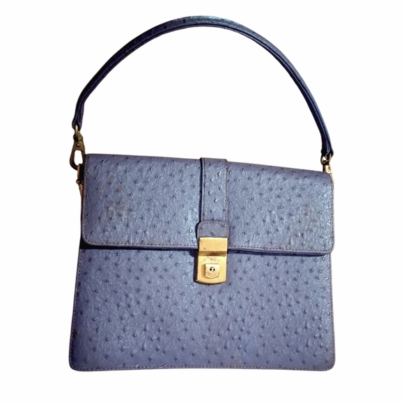 Vintage Purple Embossed Ostrich Print Top Handle Shoulder Bag with Gold Hardware - Picture 1 of 9